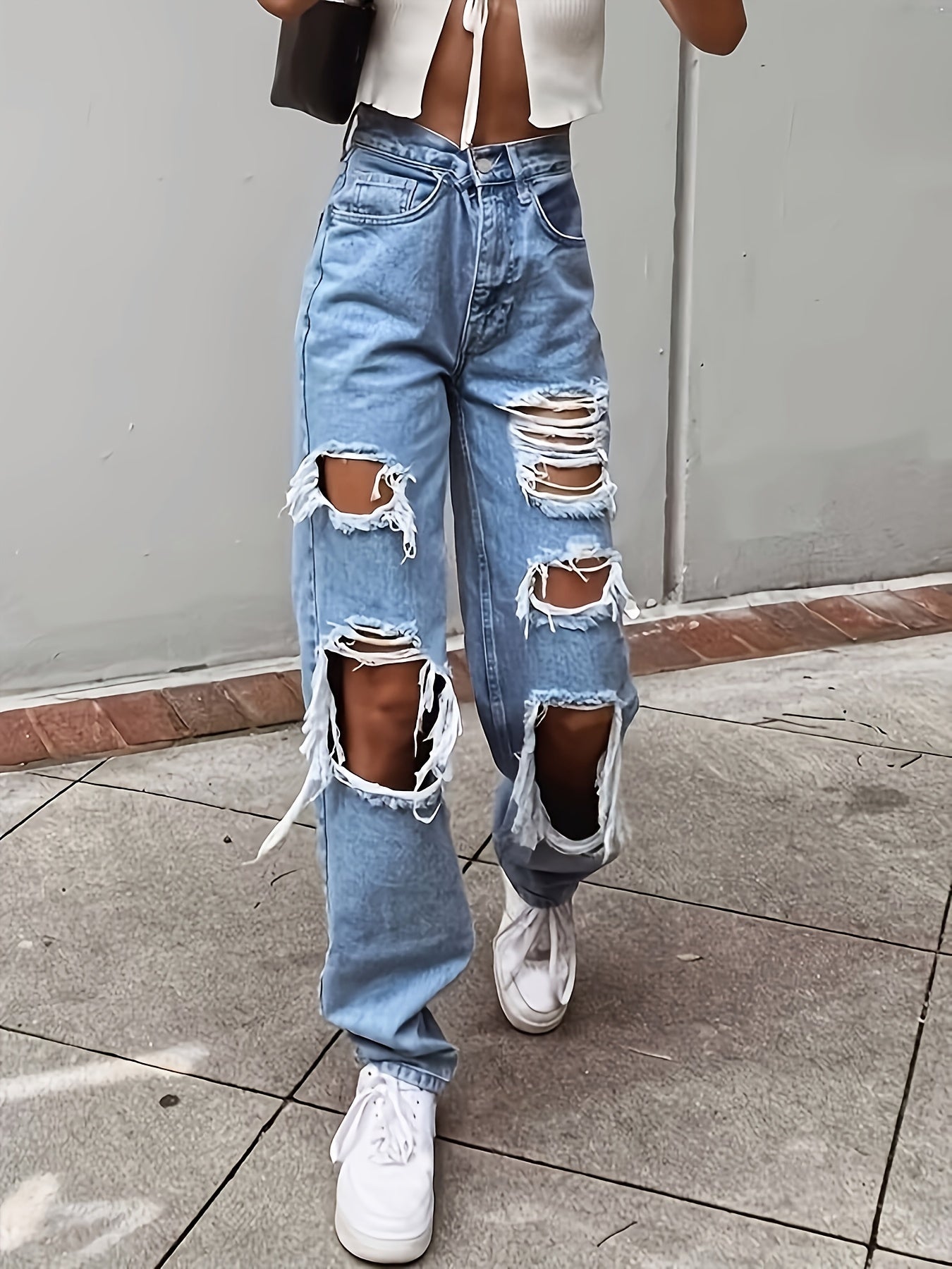 Ripped Distressed Boyfriend Jeans Slash Pockets