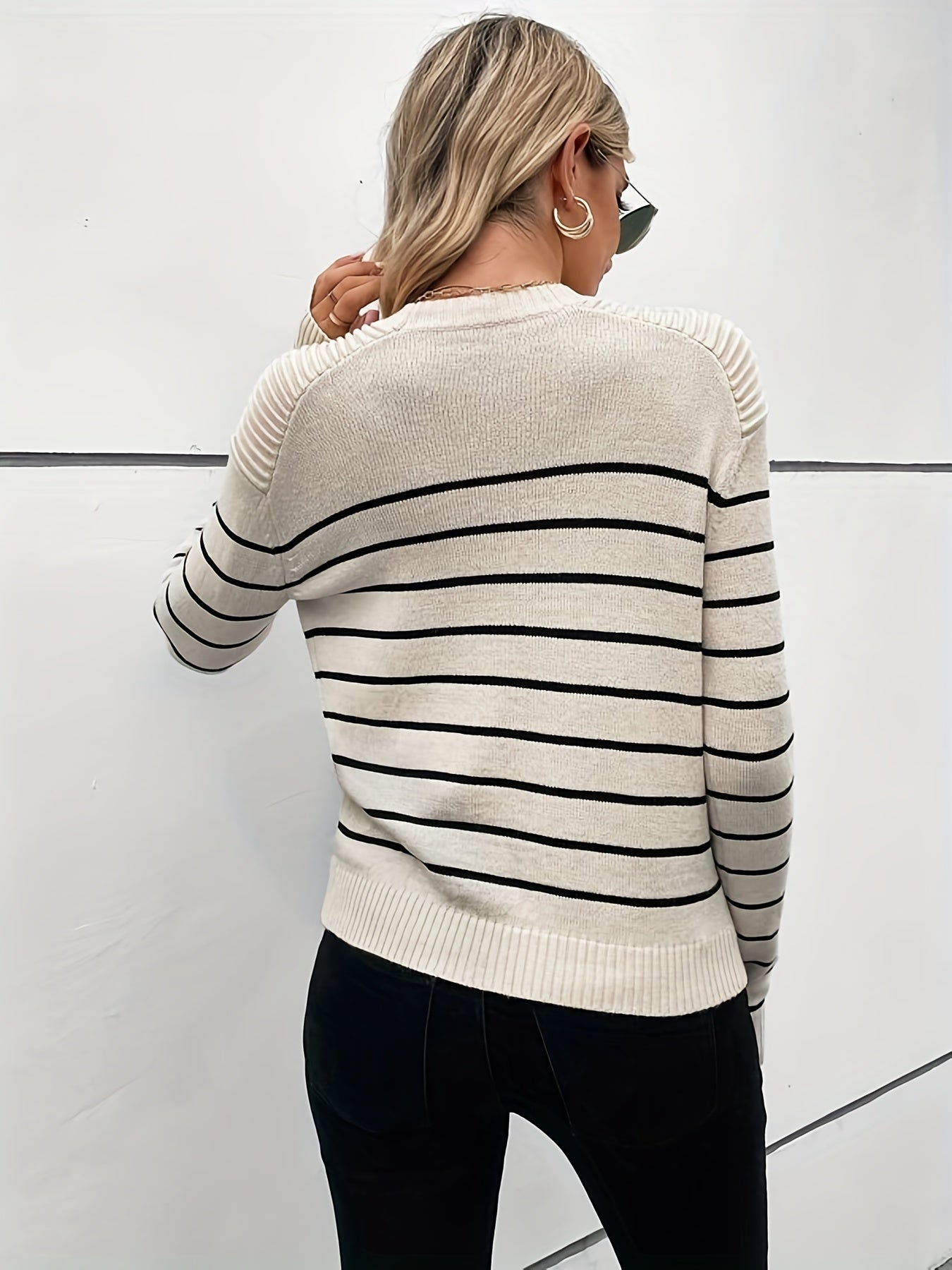 Striped Button Decor Pullover Sweater Crew Neck Long Sleeve