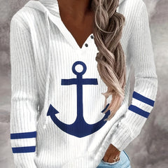 Anchor Print Button Hoodie Long Sleeve Sweatshirt