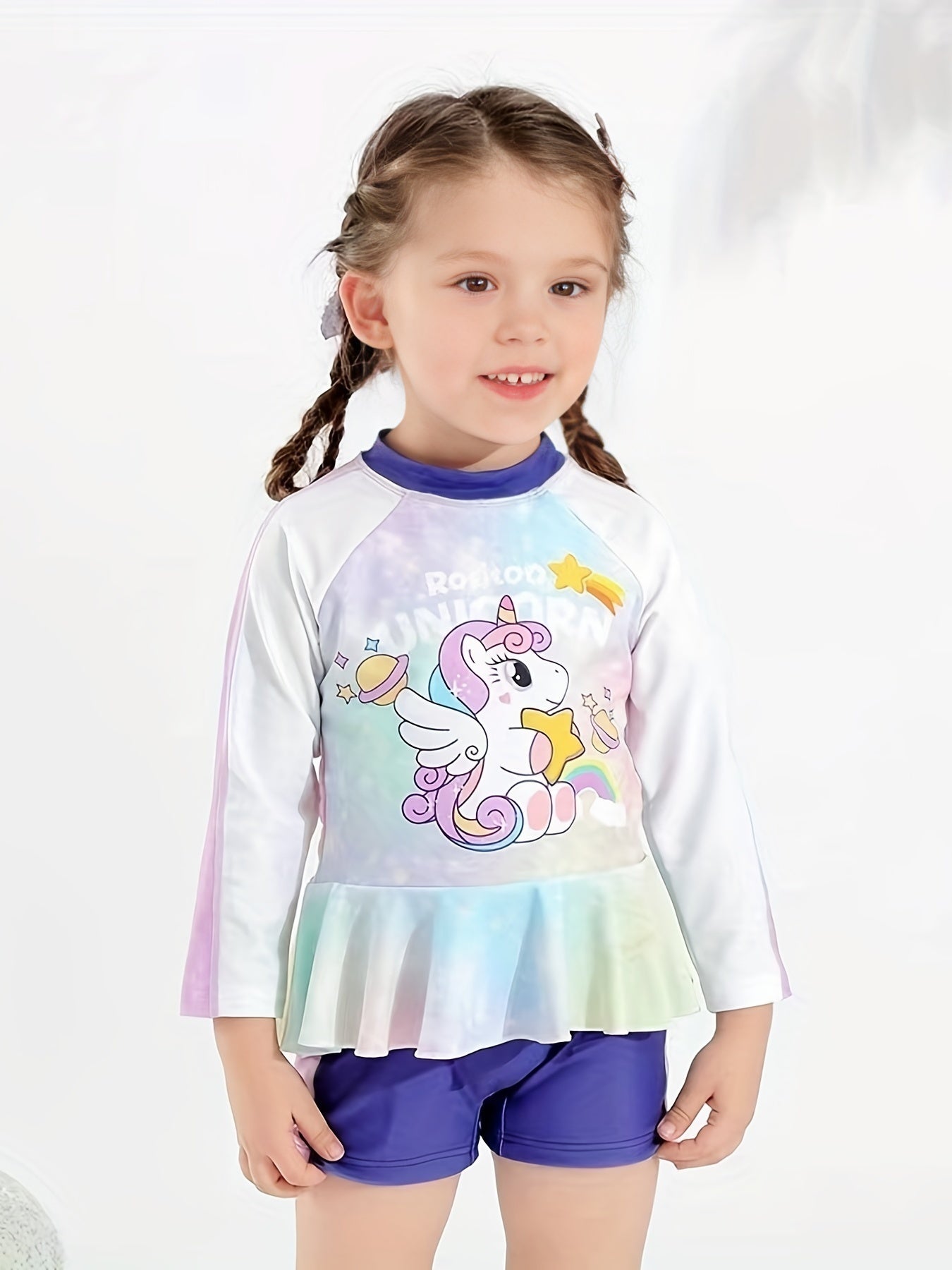 Girls' Pony Graphic Swimsuit Long Sleeve Beachwear For Kids