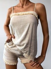 Boho Tassel Trim 2pc Set Backless Cami Top & Shorts Outfits Women's