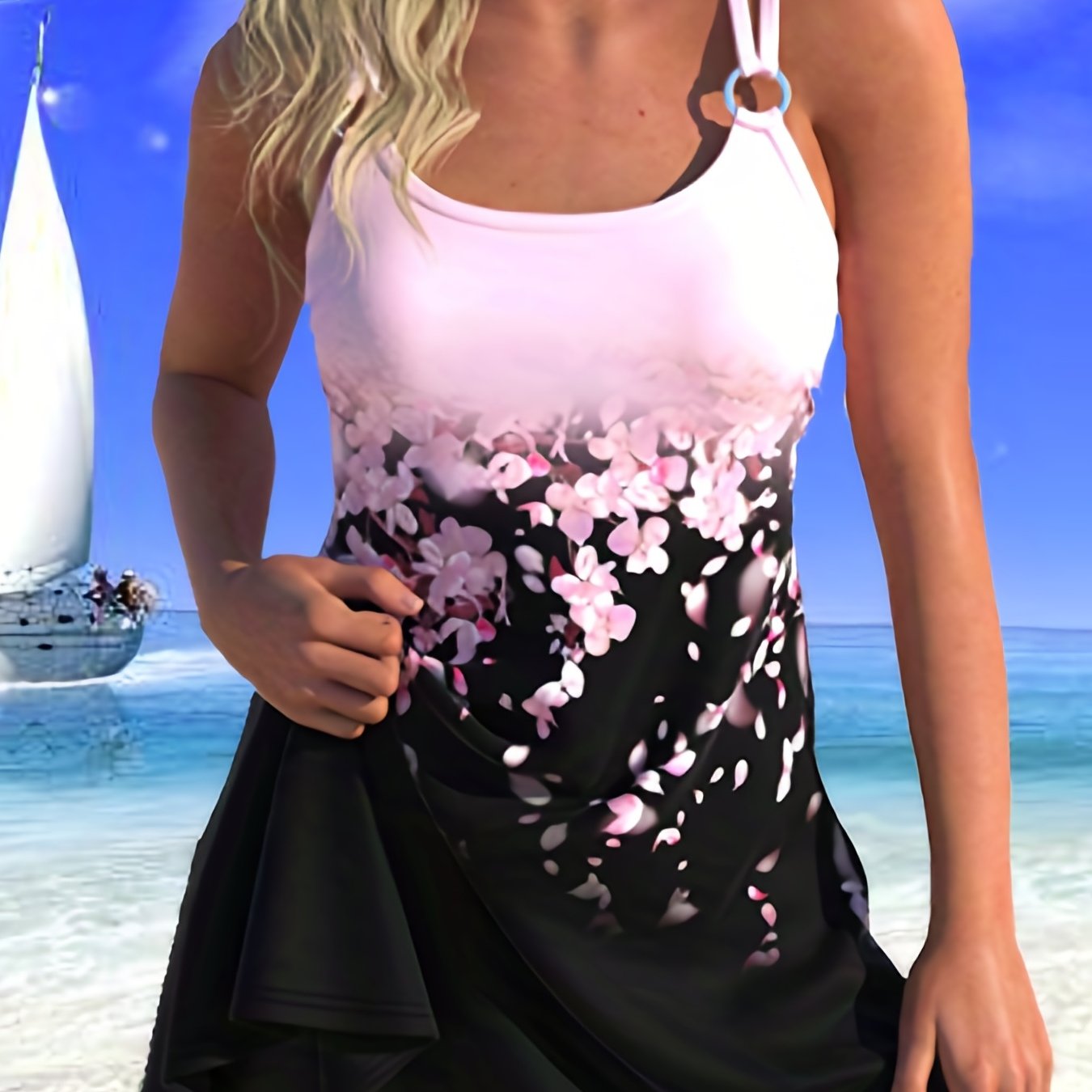 Women's Plus Floral Tankini Set with Ring Decor Tank Top & Shorts
