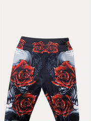 Skull & Flower Print High Waist Yoga Pants for Women