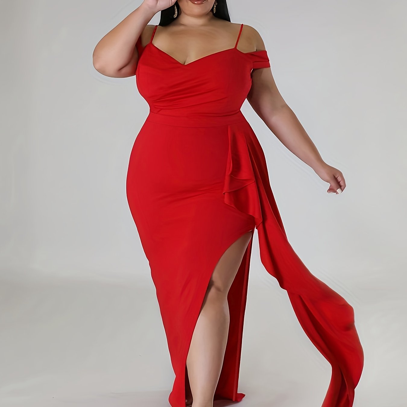 Sexy Dress Women's Plus Solid Cold Shoulder V Neck Split Dress