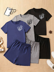 Boys Bear Graphic Print Tee & Shorts Set Summer Kids Outfit