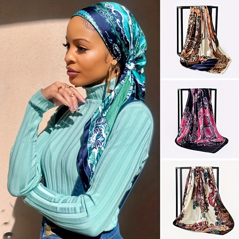Paisley Print Hijab Boho Square Scarf Satin Bandana Vintage Turban