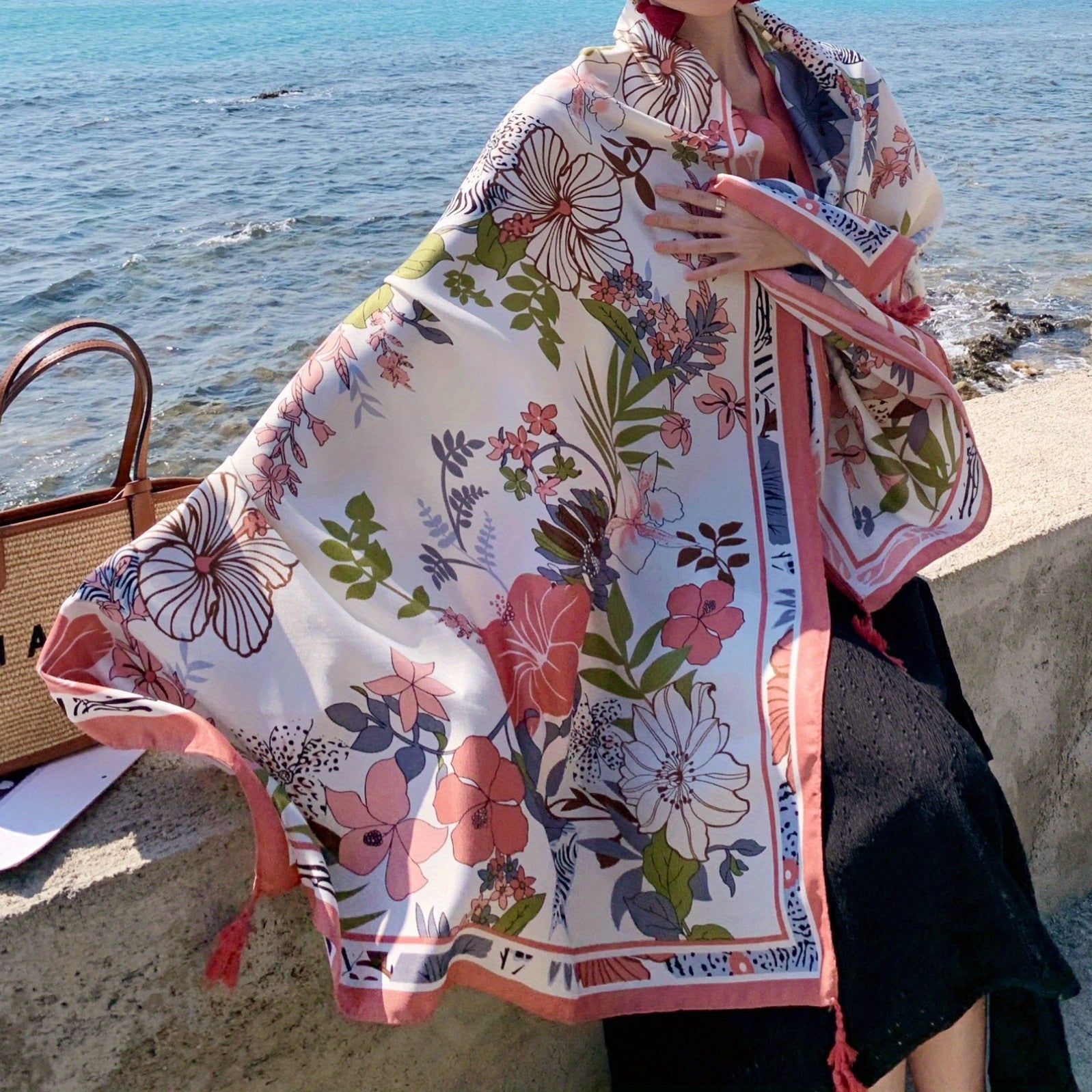 Pink Flower Print Tassel Scarf Boho Shawl Outdoor Sunscreen Head Wrap