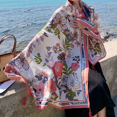 Pink Flower Print Tassel Scarf Boho Shawl Outdoor Sunscreen Head Wrap