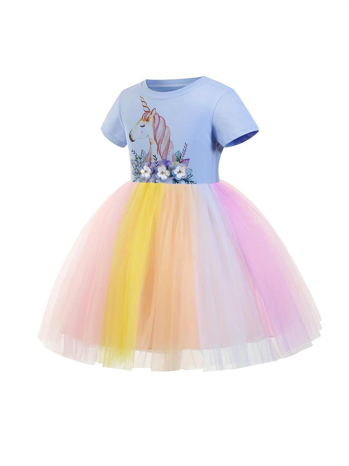 2pcs Girls Unicorn T shirt&Rainbow Dress Set For Summer