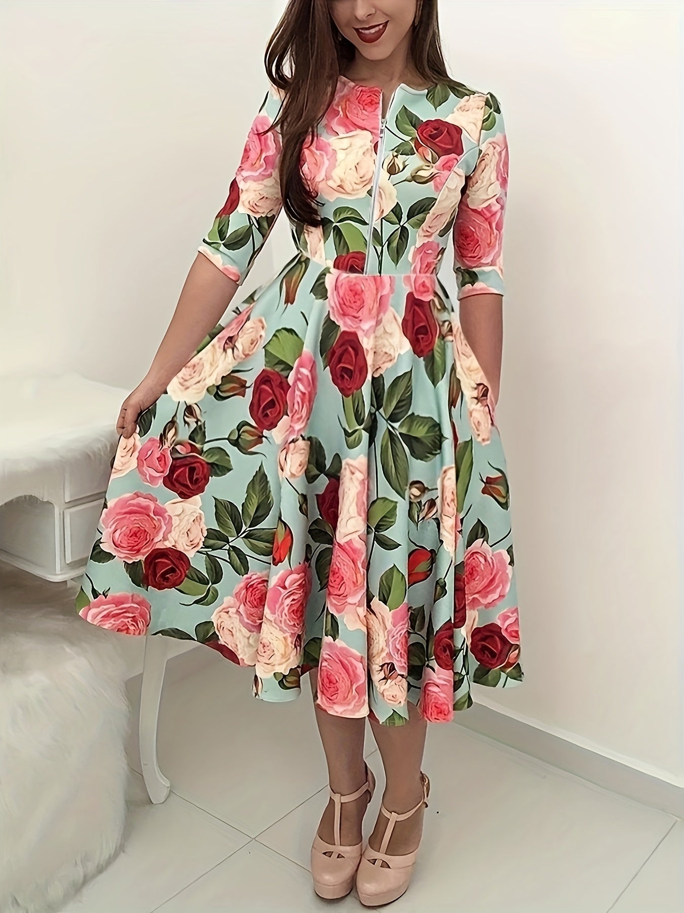 Floral Print Half Sleeve Round Neck Midi A line Dress