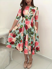 Floral Print Half Sleeve Round Neck Midi A line Dress