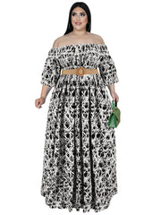 Graphic Print Off Shoulder Maxi Dress Plus Medium Stretch