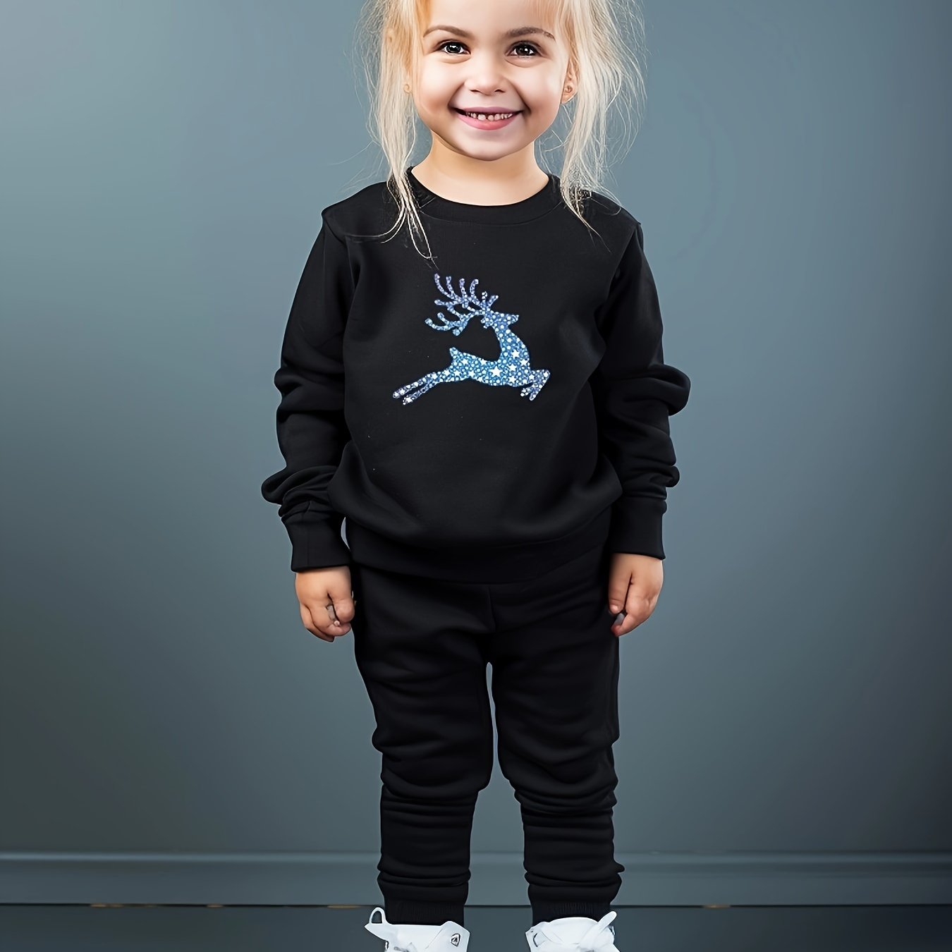 Girls 2pc Deer Pattern Crew Neck Sweatshirt Set