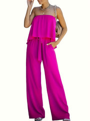 Off Shoulder Wide Leg Jumpsuit Tie Waist Solid Color
