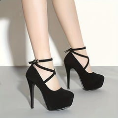 Suede Pattern Platform Stiletto Heels Ankle Strap Buckle Shoes