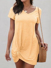 V Neck Short Sleeve Solid Dress Casual Twist Versatile Dress