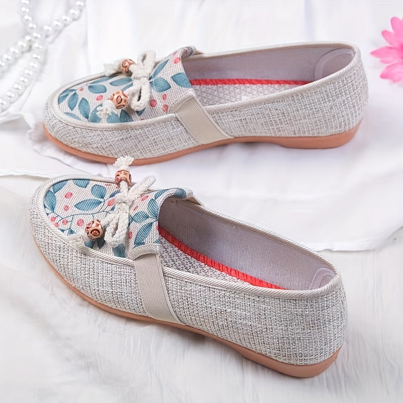Women's Floral Printed Flat Shoes Comfy Bow Slip On Linen Shoes