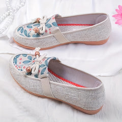 Women's Floral Printed Flat Shoes Comfy Bow Slip On Linen Shoes