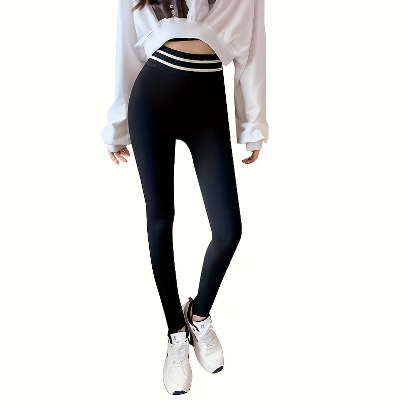 Striped Trim High Waist Slim Leggings Women's Stockings
