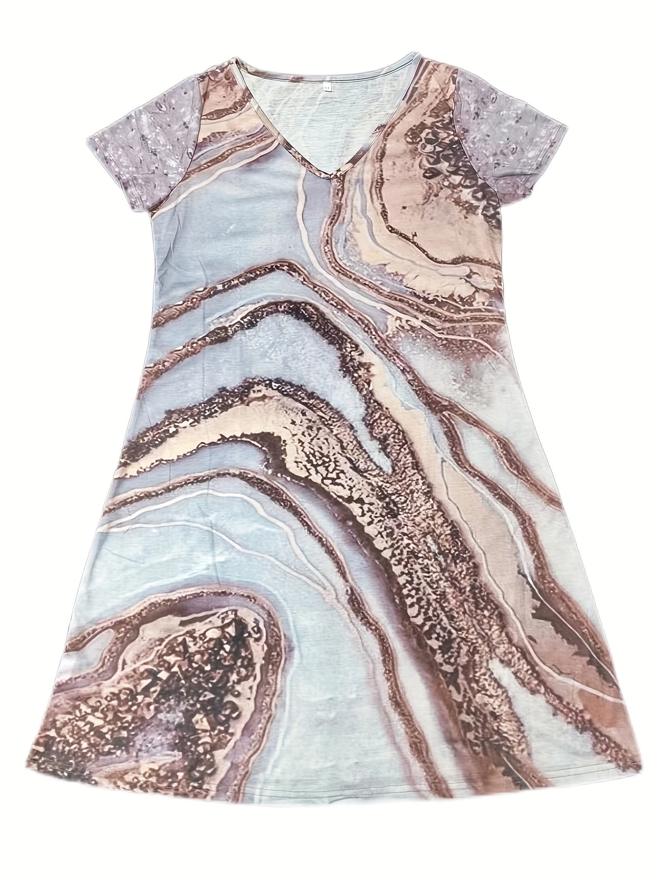 Marble Print V Neck Dress Short Sleeve Boho Summer Dress