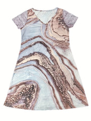 Marble Print V Neck Dress Short Sleeve Boho Summer Dress