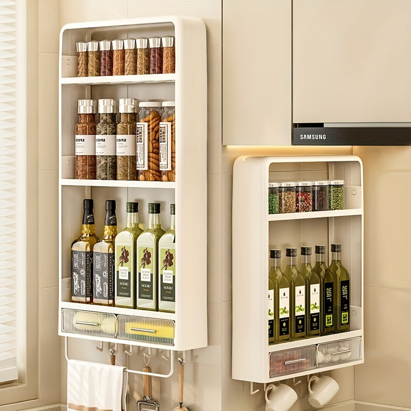 3 Tier Wall Mount Kitchen Storage Rack with Drawer and Punching Shelf