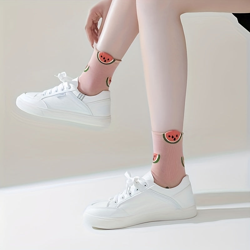 5 Pairs Fruit & Vegetable Print Socks Comfy Crew Socks Women's Stockings Hosiery
