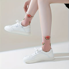 5 Pairs Fruit & Vegetable Print Socks Comfy Crew Socks Women's Stockings Hosiery