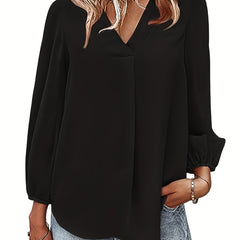 Casual Blouse: Solid Lantern Sleeve V Neck Top