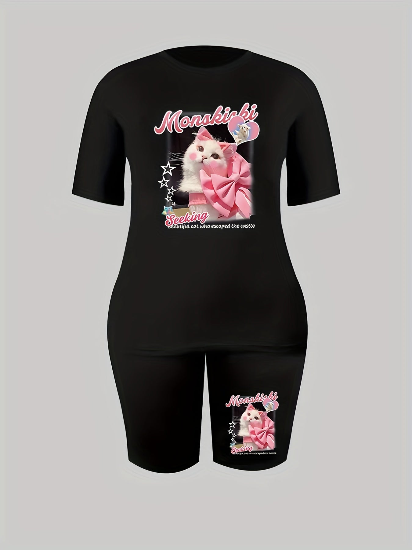 Cat & Letter Print Crew Neck Top & Shorts Set