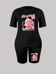 Cat & Letter Print Crew Neck Top & Shorts Set