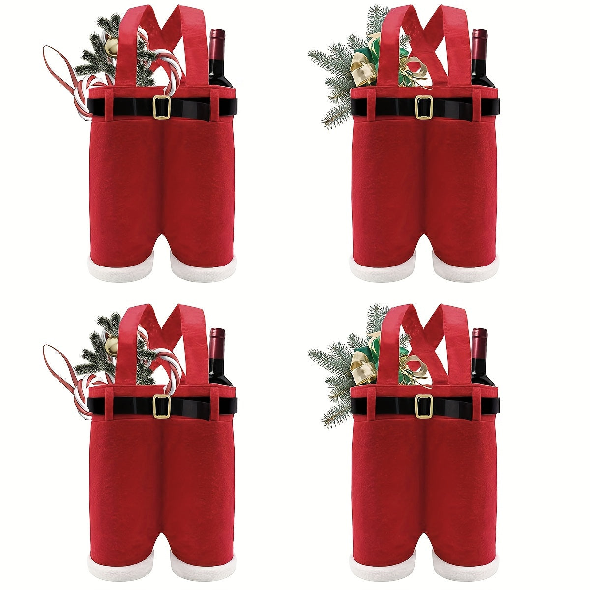 4pcs Christmas Candy Bags Santa Pants Wine Bag Portable Candy Gift Wrap