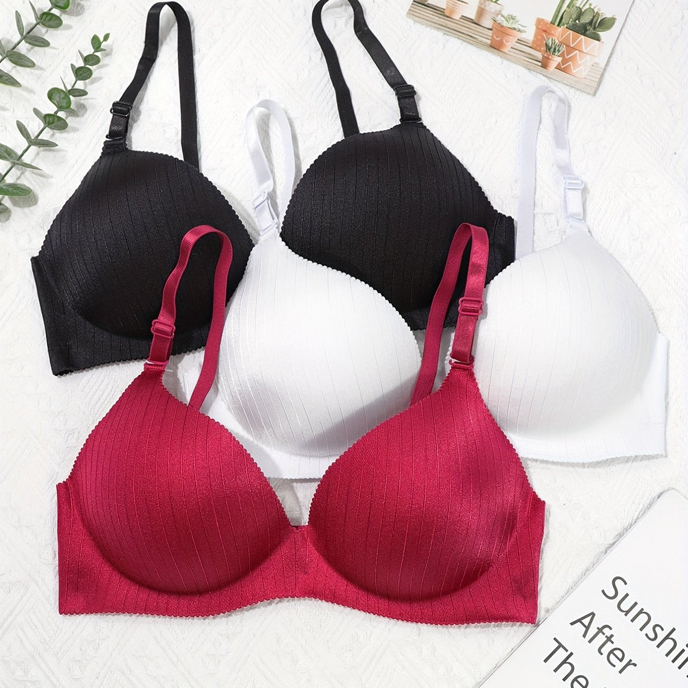 3pcs Stripe Print Glossy Push Up T-shirt Bras Women's Lingerie