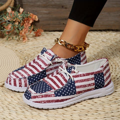 Women's Patriotic Boat Shoes Summer Canvas Lace Up Casual Flat Shoes
