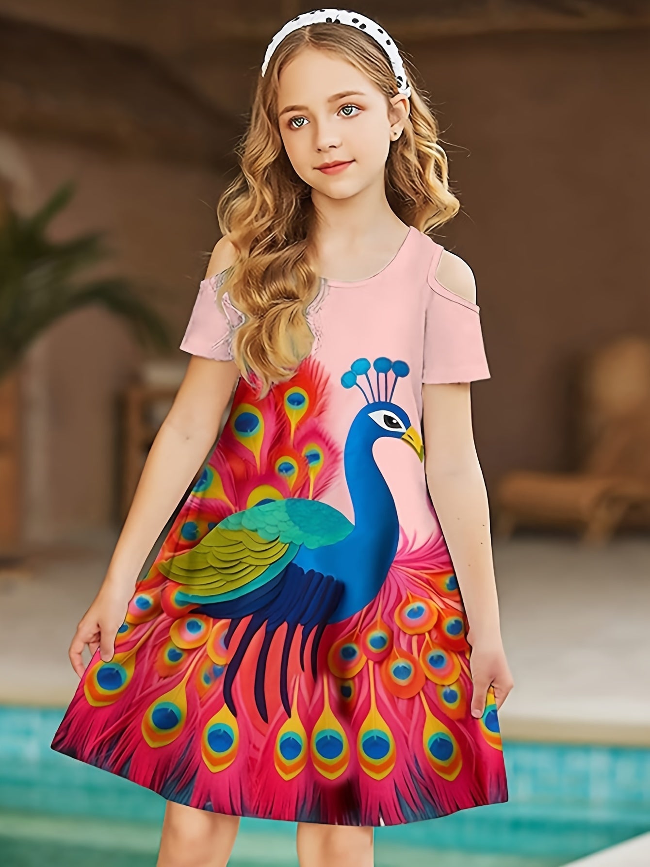 Girls Peacock Graphic Cold Shoulder Short Sleeve Dress Summer Clothes Party Gift