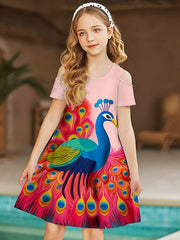 Girls Peacock Graphic Cold Shoulder Short Sleeve Dress Summer Clothes Party Gift