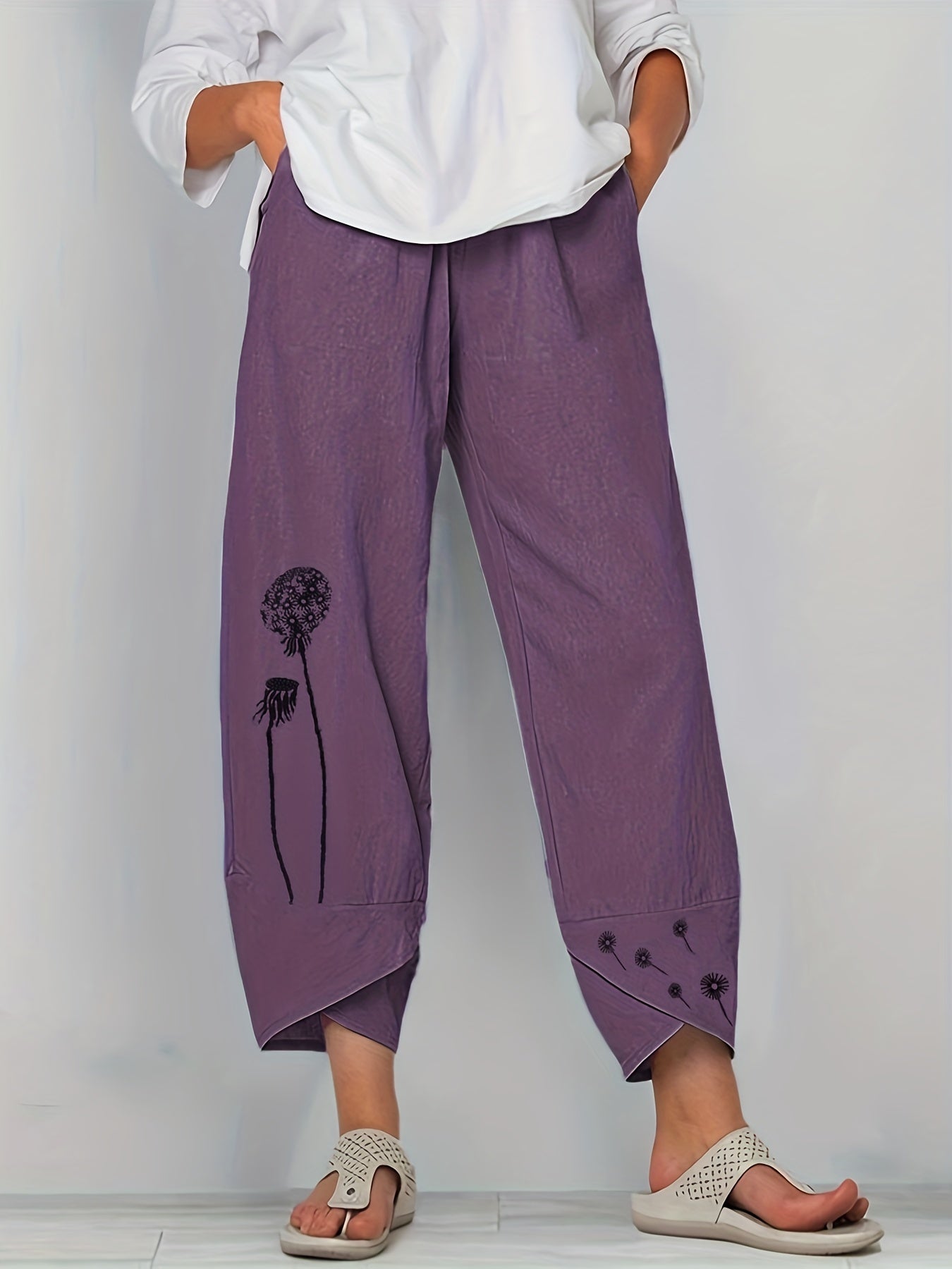 Boho Dandelion Print Harem Pants High Waist Summer Cropped Pants
