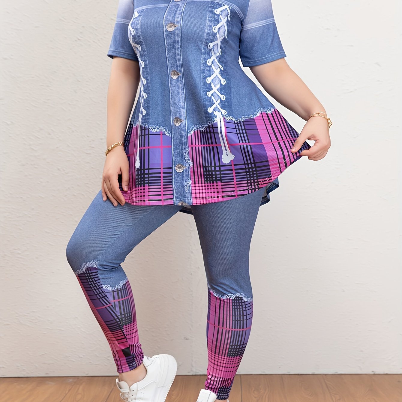 Denim Print Peplum Top & Leggings Set