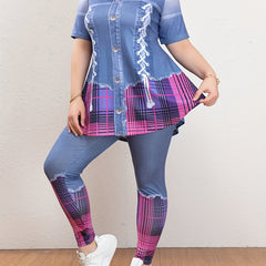 Denim Print Peplum Top & Leggings Set
