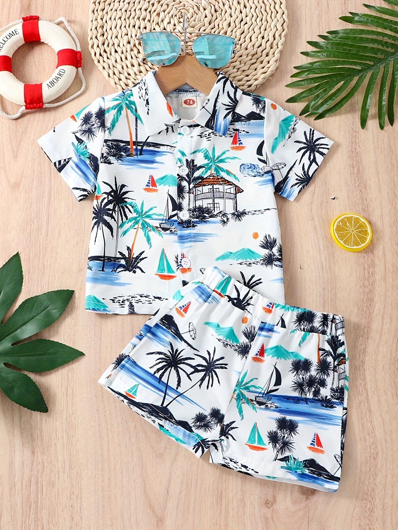 Baby Boys Coconut Tree Print Short Sleeve Shirt & Shorts Set for Summer