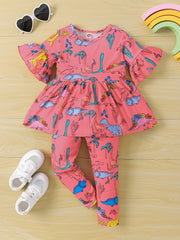 Girls Dino Print Top & Leggings Set for Autumn