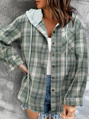 Plaid Print Hooded Jacket Button Front Outerwear Spring & Fall