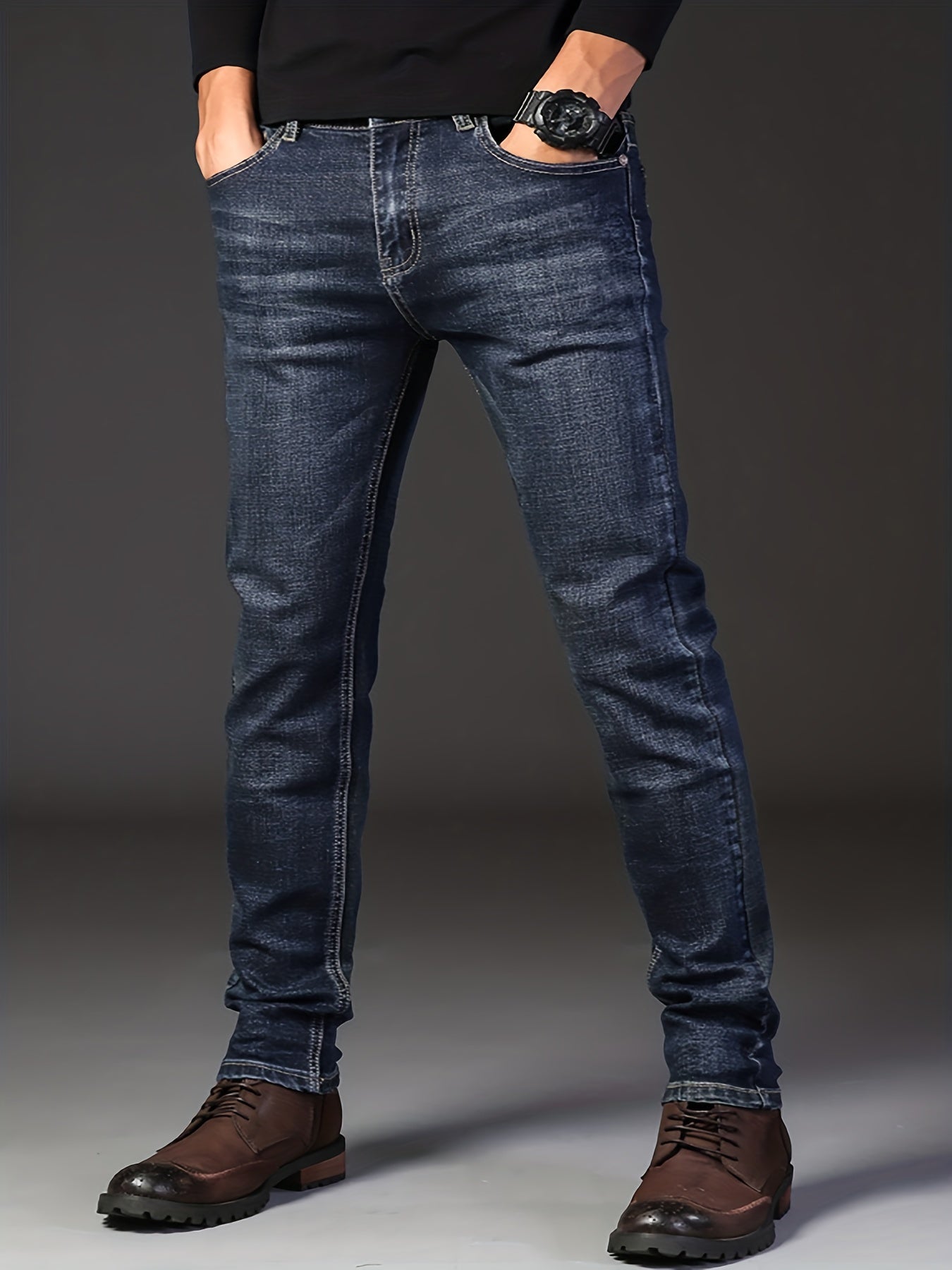 Classic Semi-Formal Stretch Denim Pants Men's Casual Business