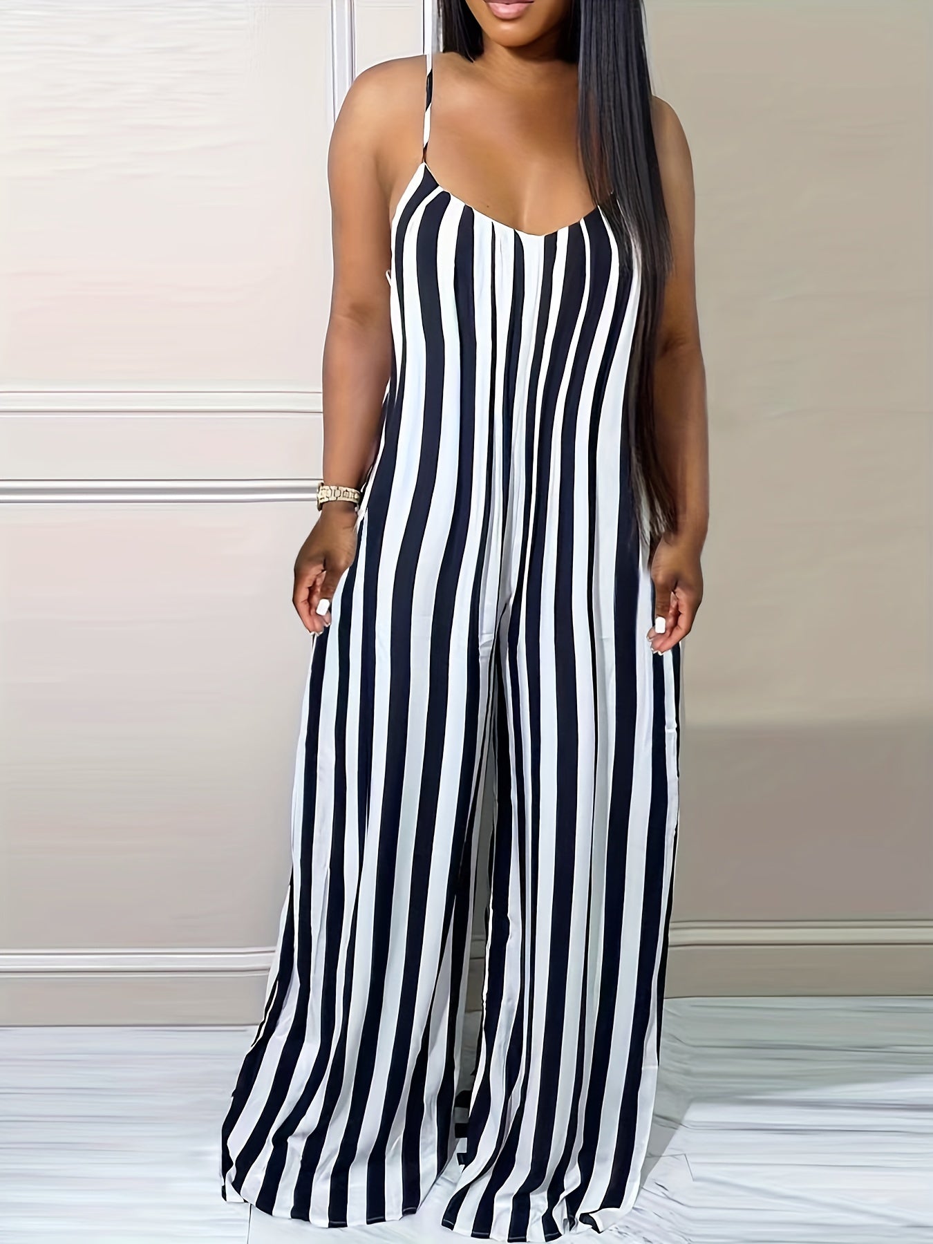 Stripe Print Cami Jumpsuit Spaghetti Strap Women's Clothing