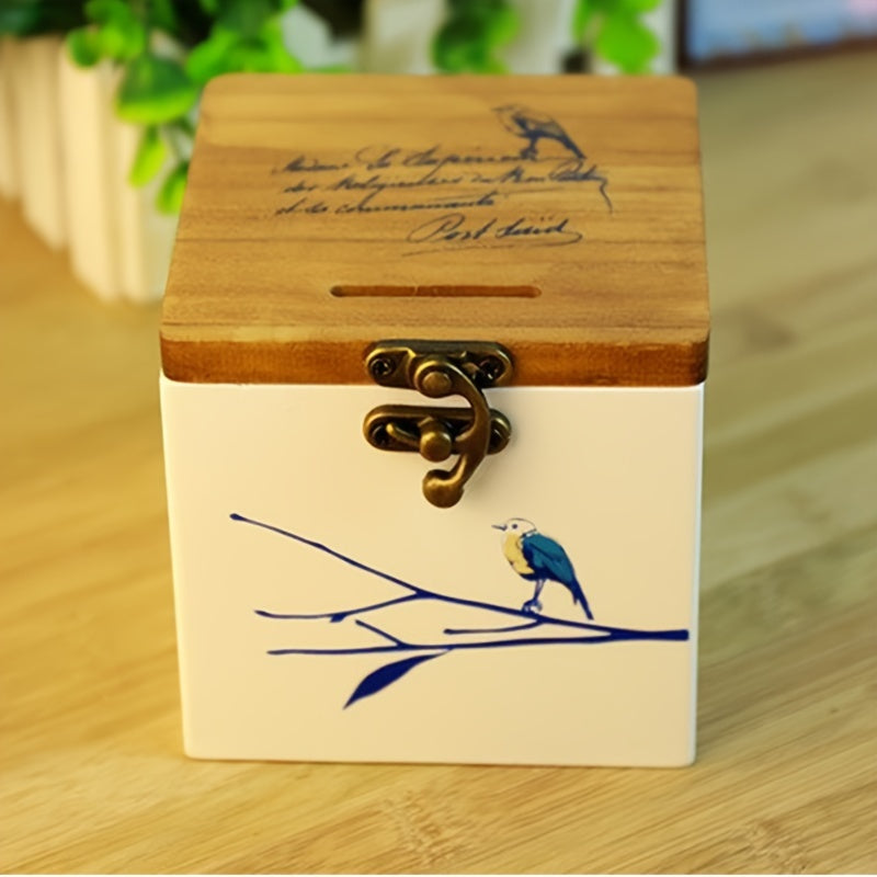 Wooden Bird Pattern Piggy Bank Storage Box Gift