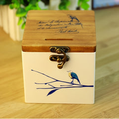 Wooden Bird Pattern Piggy Bank Storage Box Gift