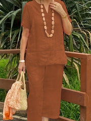 Solid Notched Neck Top & Wide Leg Pants Two Piece Set