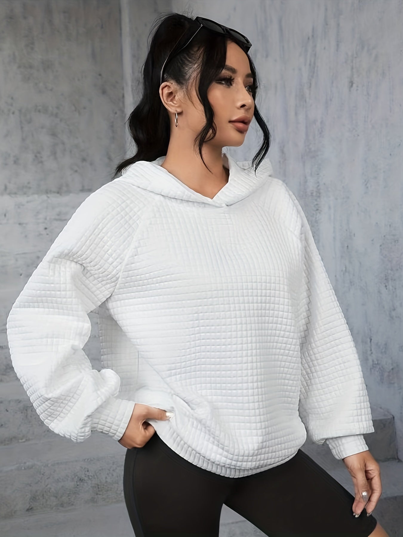 Waffle Loose Hoodie Long Sleeve Sweatshirt Women's