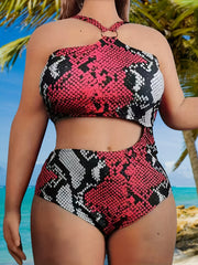 Sexy Snake Print Hollow Out One Piece Swimsuit
