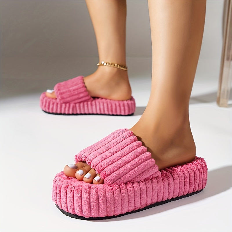 Women's Fuzzy House Slippers Open Toe Platform Casual Slides